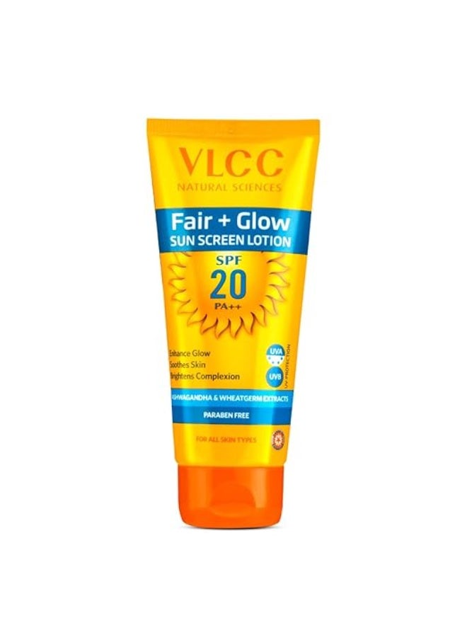 VLCC Fair + Glow Sun Screen Lotion Spf 20 PA++ - 50ml | Brightening Formula Sunscreen | Zero White Cast SPF | Non-Greasy Sunscreen | With Ashwagandha, Carrot & Wheatgerm Extracts. - Image 1